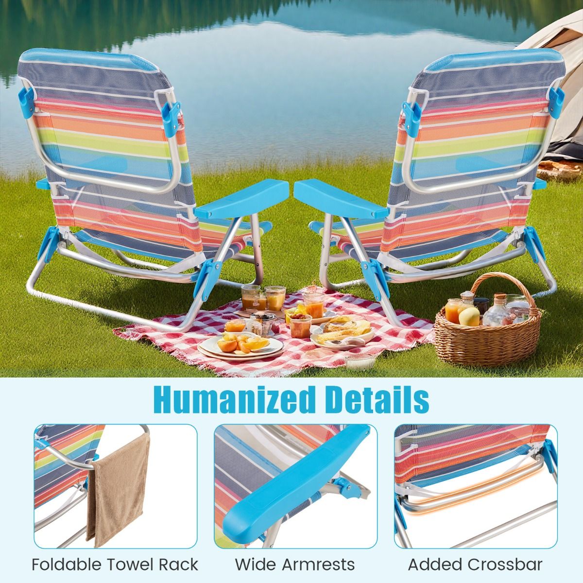 Lot de 2 chaises de plage pliantes Coast - Dossier réglable - Chaises de camping légères - 64 x 63 x 74 cm