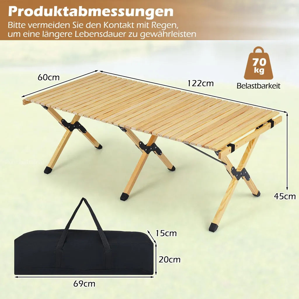 Table de camping pliable Coast 122 × 60 × 45 cm – Table de pique-nique en bois pour 4 à 6 personnes avec plateau enroulable et sac de transport – Naturel