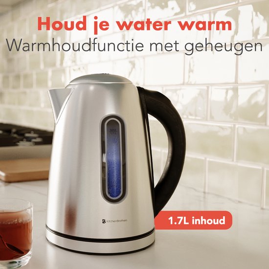 KitchenBrothers Bouilloire - avec contrôle de la température - électrique - avec filtre anti-calcaire - 1,7L - acier inoxydable