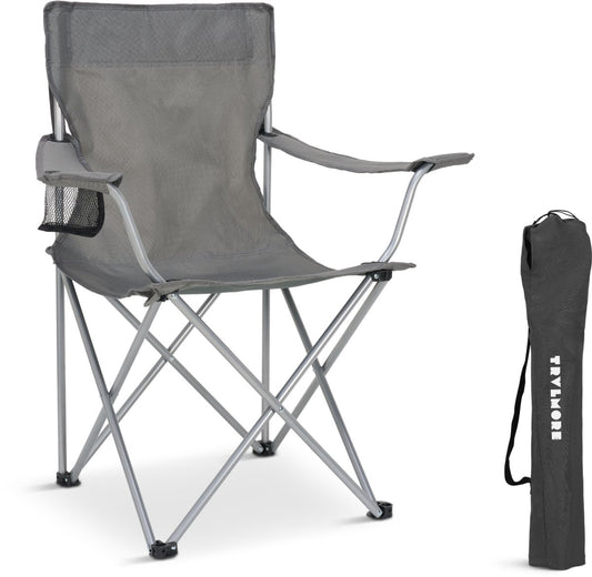 TRVLMORE Chaise de camping - Pliable - Capacité de charge de 120 kg - Sac de transport inclus - Chaise pliante - Chaise de pêche - Chaise de camping - Chaise pliante - Gris