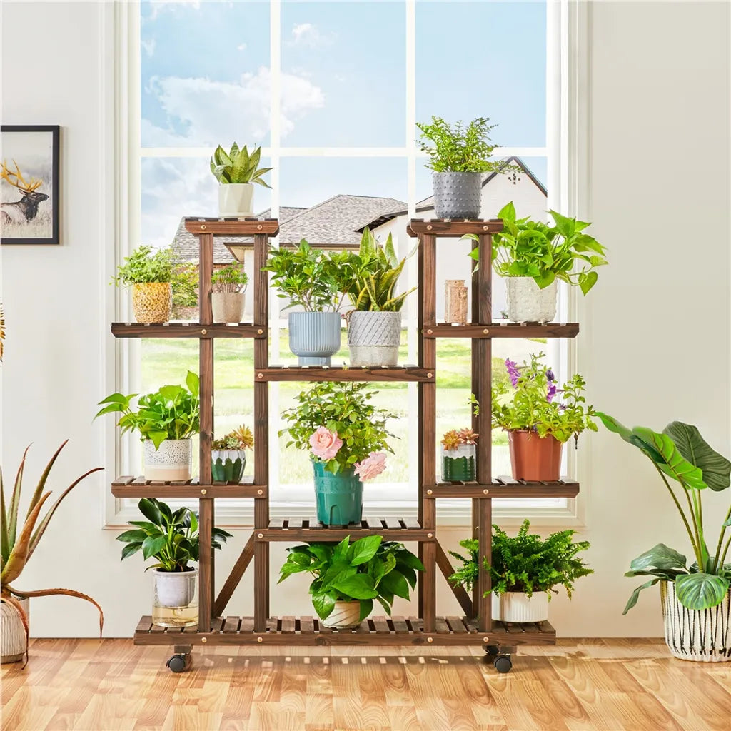 Yaheetech Plant Stand Brown - Support à fleurs en bois avec roues - 124.5 x 33 x 120 cm