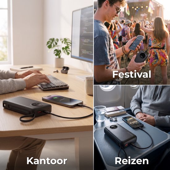 Nuvance Powerbank 20 000 mAh - Chargeur rapide 22,5 W USB-C et 8 broches - Kit d'urgence - 2 ports - 2 câbles intégrés - Powerbank