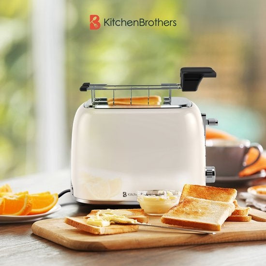 KitchenBrothers Grille-pain avec pinces à sandwich - Grille-pain - 6 niveaux de chaleur - Fentes larges - Grille-pain pour machine à sandwich - 870 W - Beige