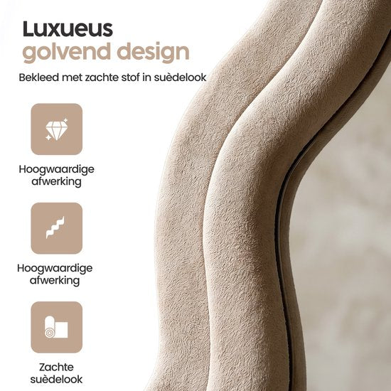 Infinity Goods Miroir en forme de vague - 160 x 60 cm - Miroir mural design - Miroir sur pied rembourré - Suède - Beige