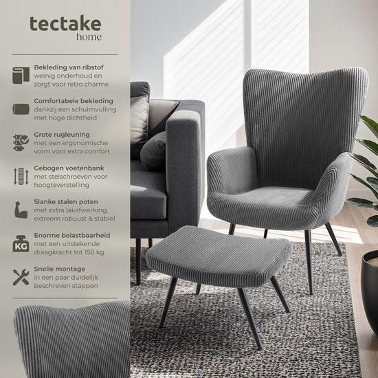 tectake® Ear Armchair with Hocker - Fauteuil scandinave Teddy Bouclé - Chaise de salon et de séjour - Pieds en métal noir - Capacité 150kg - Velours côtelé - Gris