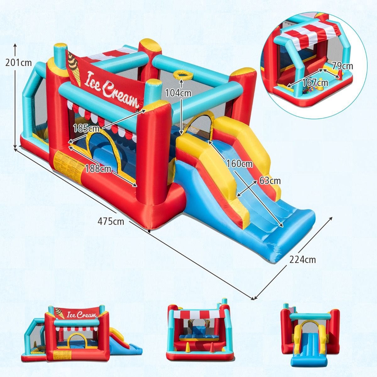 Structure gonflable Coast 5-en-1 - Toboggan - Piscine à balles - Panier de basket - Multicolore 485,5 x 239 x 206 cm