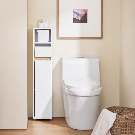 SoBuy BZR151-W Armoire de toilette pour espaces étroits, armoire de rangement compacte avec étagère et tiroir réglables, pour salle de bain, armoire de toilette en bois, blanc, 20 x 20 x 96 cm