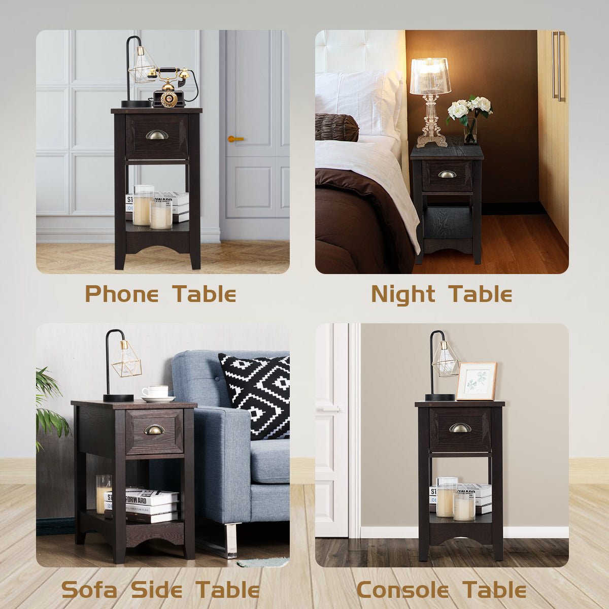 Table d'appoint avec tiroir et étagère 2 étages Table de canapé Table de nuit étroite Table basse pour salon Chambre à coucher (Noyer)
