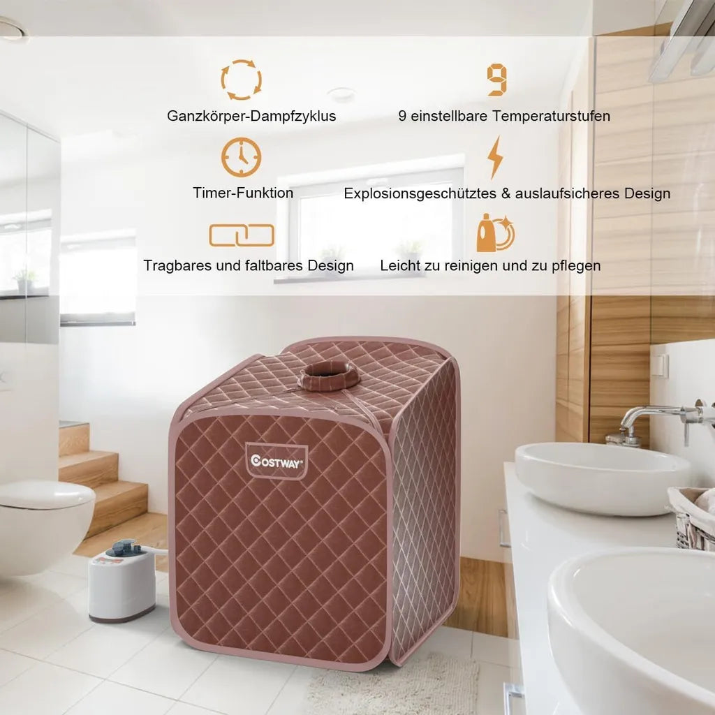 Sauna à vapeur Coast Mini 2 litres - Sauna d'intérieur pliable avec télécommande, minuterie, 9 réglages de température et siège - Marron