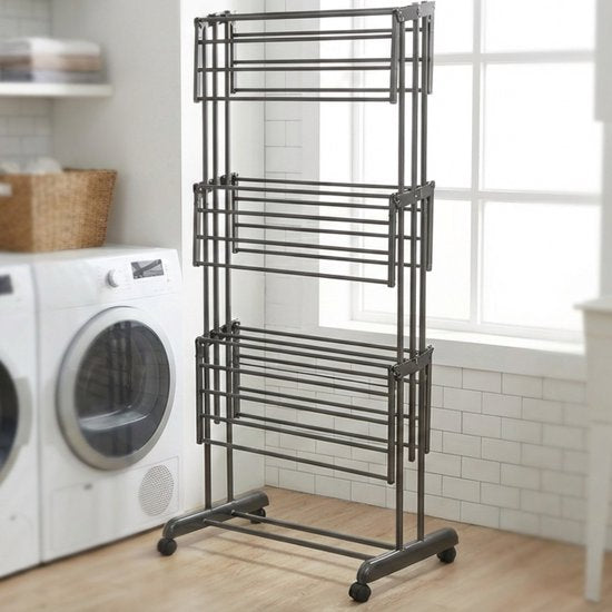 Vonia Tour de séchage - Portoir à vêtements - Portoir à linge - 3 couches - Pliable - 72x50x172 cm - Gris foncé