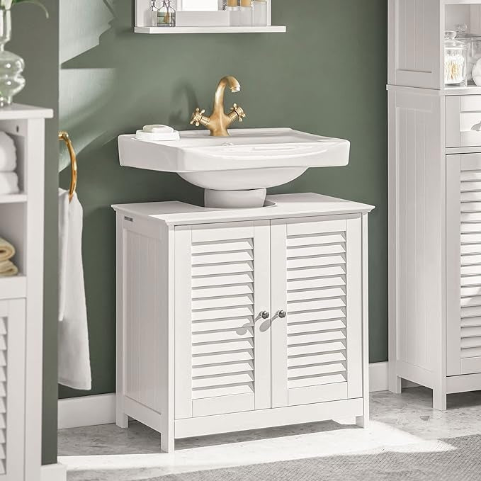 SoBuy Meuble lavabo - 2 Portes - 2 Etagères - Blanc - 60x35x58 cm - FRG237-II-W