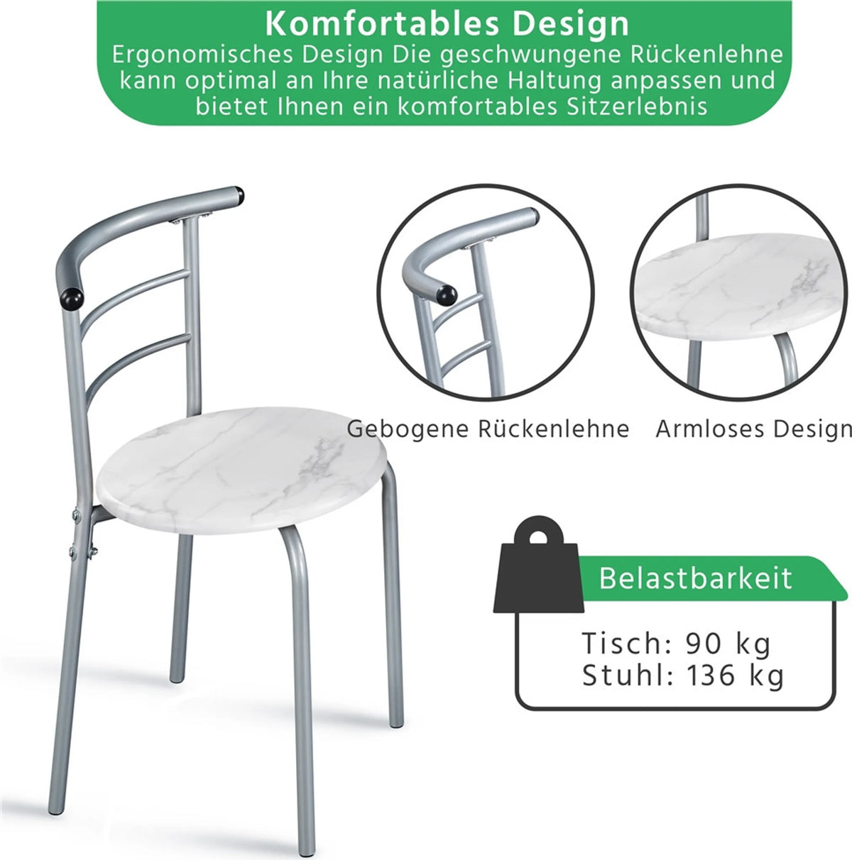 Ensemble de salle à manger 3 pièces avec table et 2 chaises, aspect bois (MDF) et structure métallique blanche, 80 × 53 × 73,5 cm