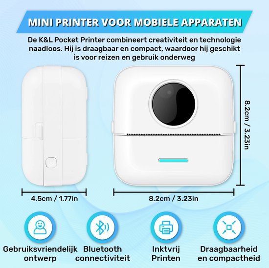 Mini imprimante pour mobile - 6 rouleaux de papier, 5 rouleaux d'autocollants, 3 rouleaux de couleur et stylos de couleur inclus - Imprimante mobile de poche - Sans encre - Sans fil - Blanc