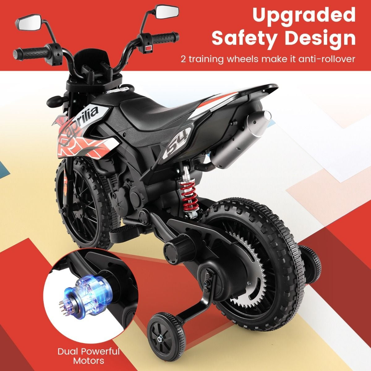 Moto électrique Aprilia-Licence pour enfants - Coast - avec 2 roues d'entraînement - avec musique pour enfants 3-8 ans - Moto à batterie 12V