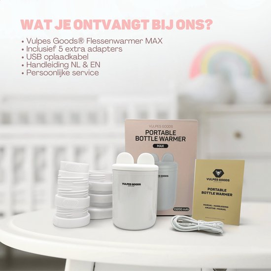 Vulpes Goods® BabyCare - Chauffe-biberon Pro Max- Chauffe-biberon portable pour les voyages - Chauffe-biberon intelligent - 4 niveaux de température - Sans fil - 6 adaptateurs inclus - Rechargeable par USB - 13 200 mAh - Blanc