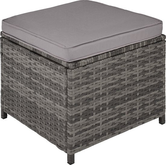 tectake® - ensemble de sièges en osier, salon de jardin 5 pièces avec table, fauteuil et tabouret, ensemble de salle à manger pour 4 personnes, meubles de jardin et de balcon avec coussins - gris - poly-rattan