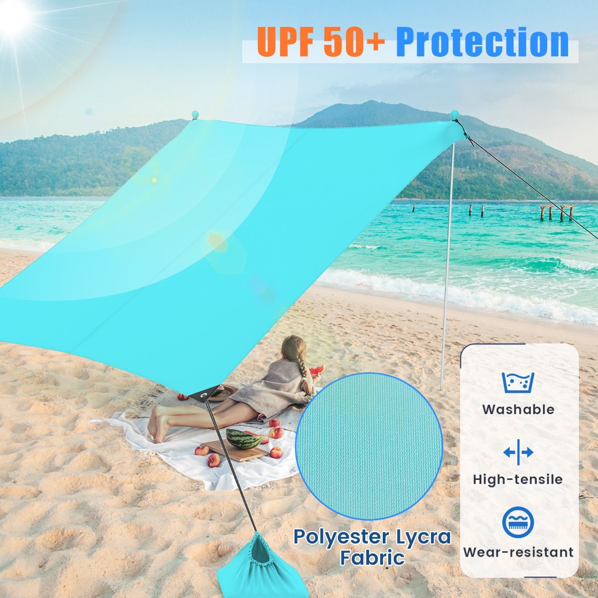 Coast Portable Beach Tent 3 x 3 m Turquoise - Tente légère et protectrice contre les UV pour la plage, le camping et le jardin