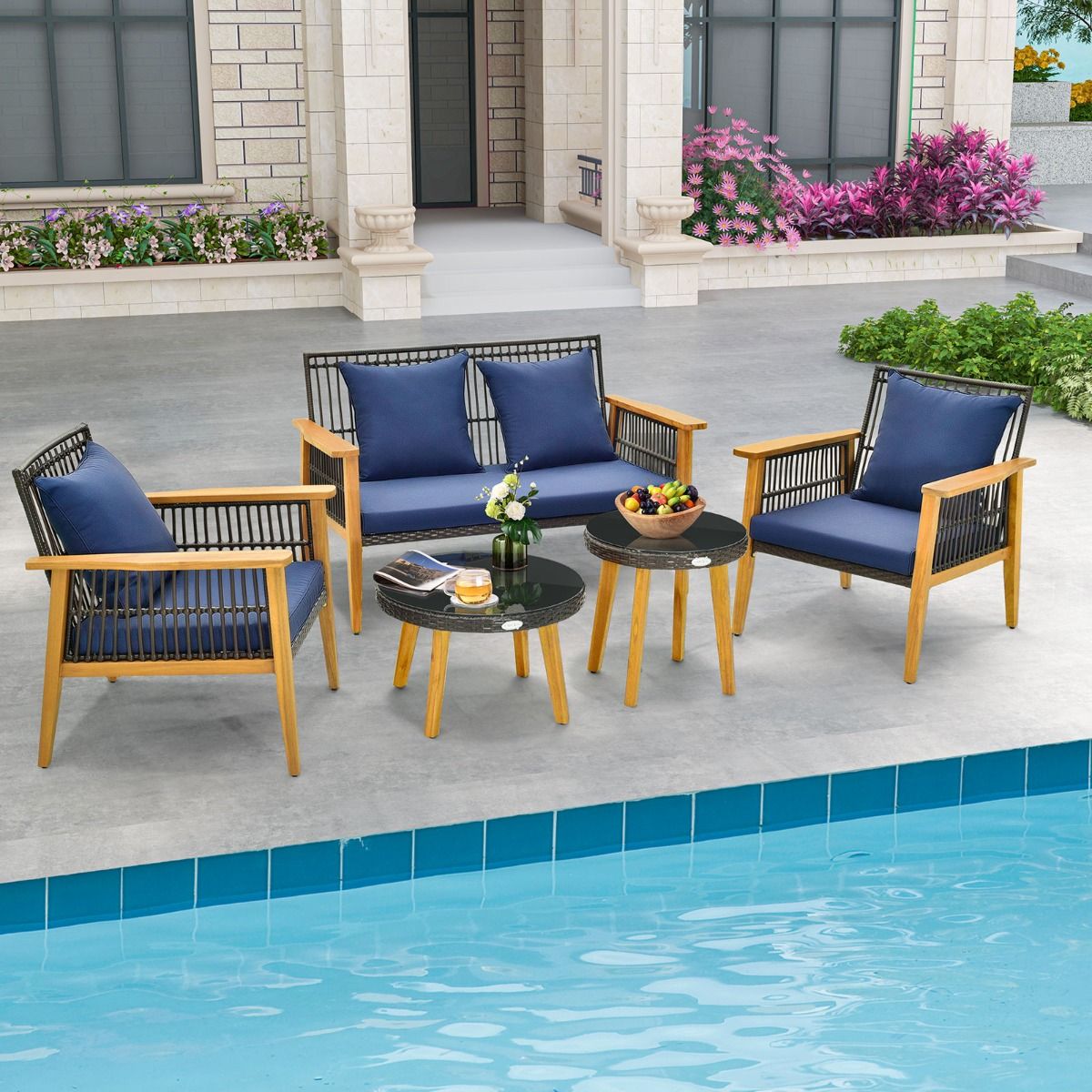 Coast 5-Piece Rattan Outdoor Furniture Set Brown with Navy Blue Cushions - 2 Chairs, Loveseat and 2 Coffee Tables (Chair 75x76x80 cm, Loveseat 132x76x80 cm, Table Ø48 cm & 60x38 cm)