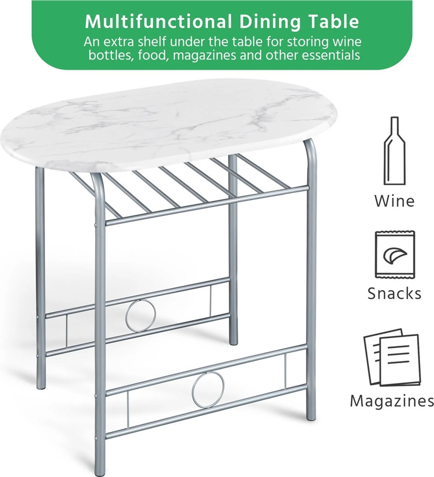 Yaheetech Table de salle à manger 3 pièces - avec rangement sous le plateau et deux chaises avec dossier et design peu encombrant - pour cuisine et balcon - Mdf blanc et métal - 90 x 53 x 75.5 cm