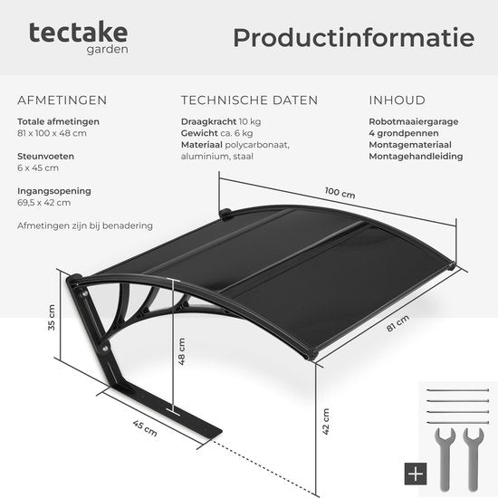 tectake® Garage pour tondeuse à gazon robotisée - Abri pour tondeuse à gazon - Station de recharge pour tondeuse à gazon robotisée - Résistant aux intempéries - 81 x 100 x 48 cm - 4 piquets de sol inclus - Noir