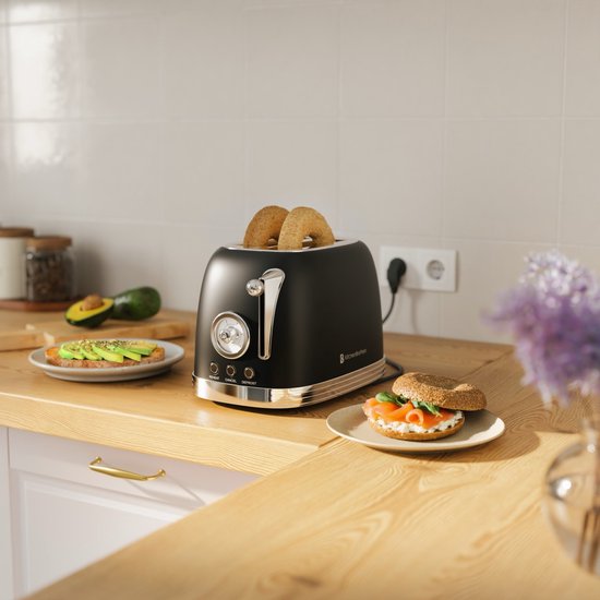 KitchenBrothers Retro Toaster - Grille-pain - 6 niveaux de chaleur - 2 fentes extra-larges - 815W - Noir