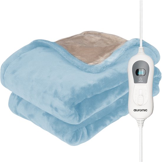Couverture électrique Auronic - 200 x 180 cm - Couverture chauffante - 2 personnes - 3 niveaux de chaleur - Couverture - Avec minuterie - Couverture chauffante - Bleu clair