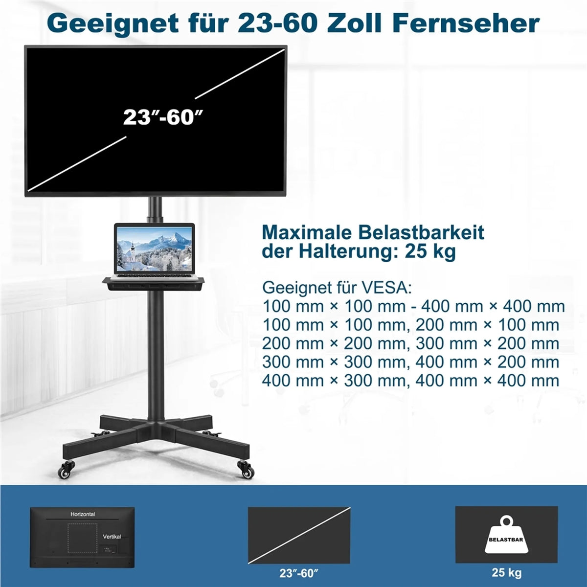 Support TV sur roulettes pour téléviseurs de 23 à 60 pouces, réglable en hauteur et pivotant, noir