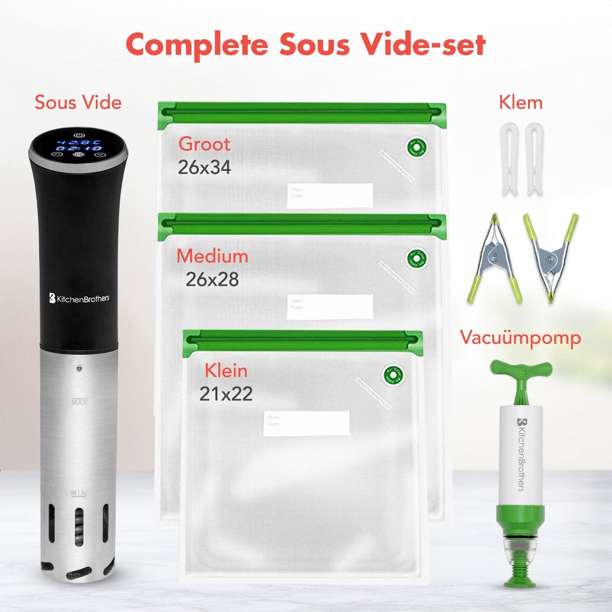 Sous Vide Stick - KitchenBrothers - avec livre de cuisine - 1200W - Black/RVS