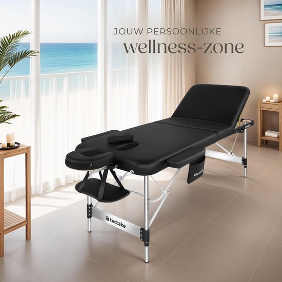 tectake® Table de massage à 3 zones - 70cm de large - Banc de traitement avec rembourrage de 5cm d'épaisseur et cadre en aluminium - 15 lingettes pour appui-tête et sac de transport inclus - Capacité de charge maximale de 230kg - Noir