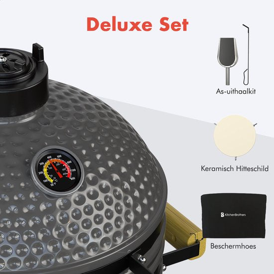 KitchenBrothers Kamado BBQ - 16 Inch Charcoal Barbecue - 34⌀ cm - PFAS-free - Deluxe Set - Egg BBQ with Accessories - Grey