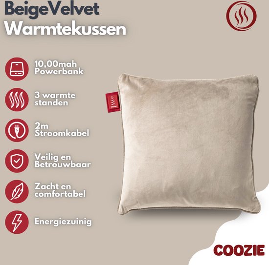 Coozie Heat Pillow Beige Velvet - Rechargeable électriquement - Oreiller chauffant sans fil - 45 x 45 cm