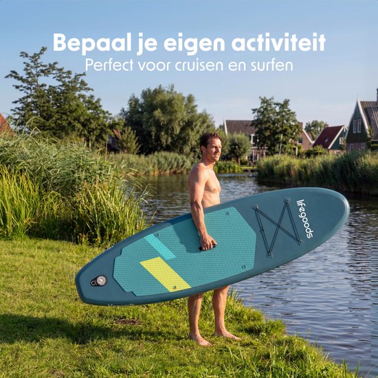 LifeGoods SUP Board All-round Compact - avec siège - capacité de charge de 100 KG - 300 x 76 cm - gonflable - ensemble complet de SUP - Cyan/Vert foncé