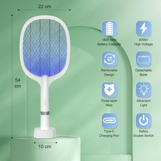 Tapette à mouches électrique 5000V 2 en 1 avec base de chargement USB C - Attrape-mouches, tue-moustiques, mouches, abeilles, papillons de nuit