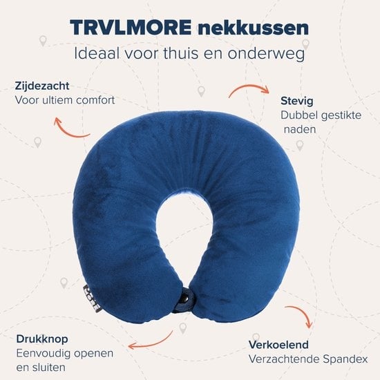 TRVLMORE Oreiller de cou - Pour la maison et les voyages - Oreiller de voyage à microbilles - Avion - Confort ultime - Bleu foncé