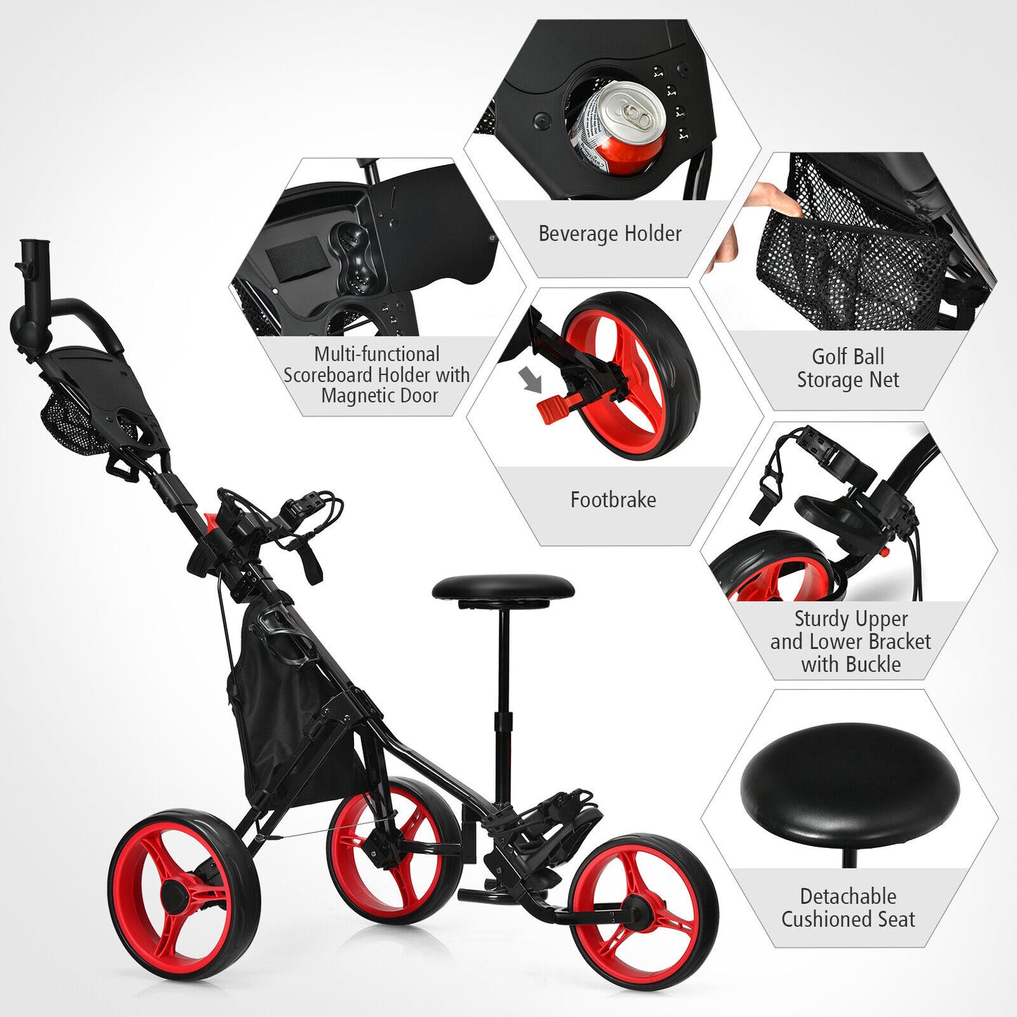 Coast 3-Wheel Golf Kart Kart à lumière réglable 129.5 x 75 x 101.5-119.5 cm rouge + noir