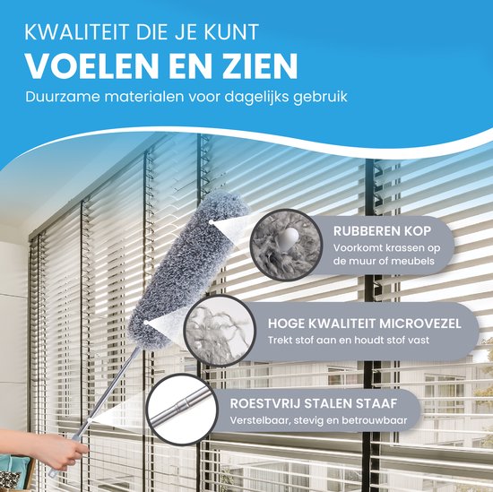 TTD® Pelle à poussière extensible - Rage Ball avec manche télescopique - jusqu'à 135 cm - lavable - microfibre - tête inclinable jusqu'à 90 degrés - avec crochet de suspension