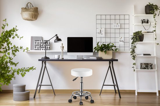 Tabouret roulant - Réglable en hauteur et rotatif à 360°C - Hauteur d'assise 51-65cm Blanc