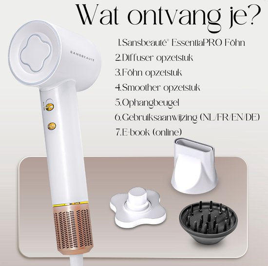 Sansbeauté® Sèche-cheveux avec diffuseur - Boucles - 110 000 tr/min - Sèche-cheveux ionique avec brosse - 3 étapes - 3 accessoires - Sèche-cheveux de voyage - Coolshot - Sèche-cheveux avec diffuseur - Sèche-cheveux - 2000W - EssentiaPRO®.