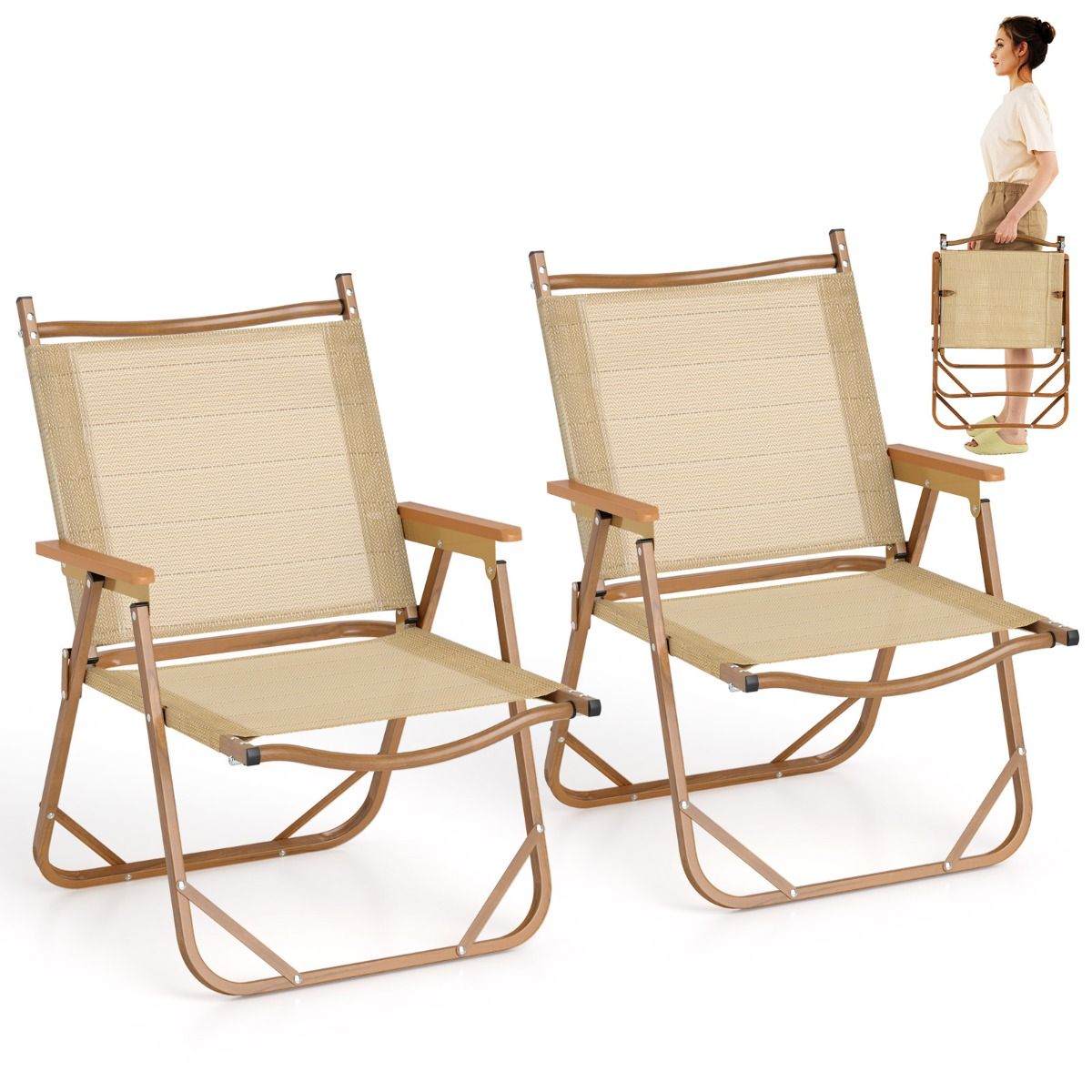 Lot de 2 chaises de camping pliantes Coast - Structure en aluminium légère - Conception ergonomique - Beige