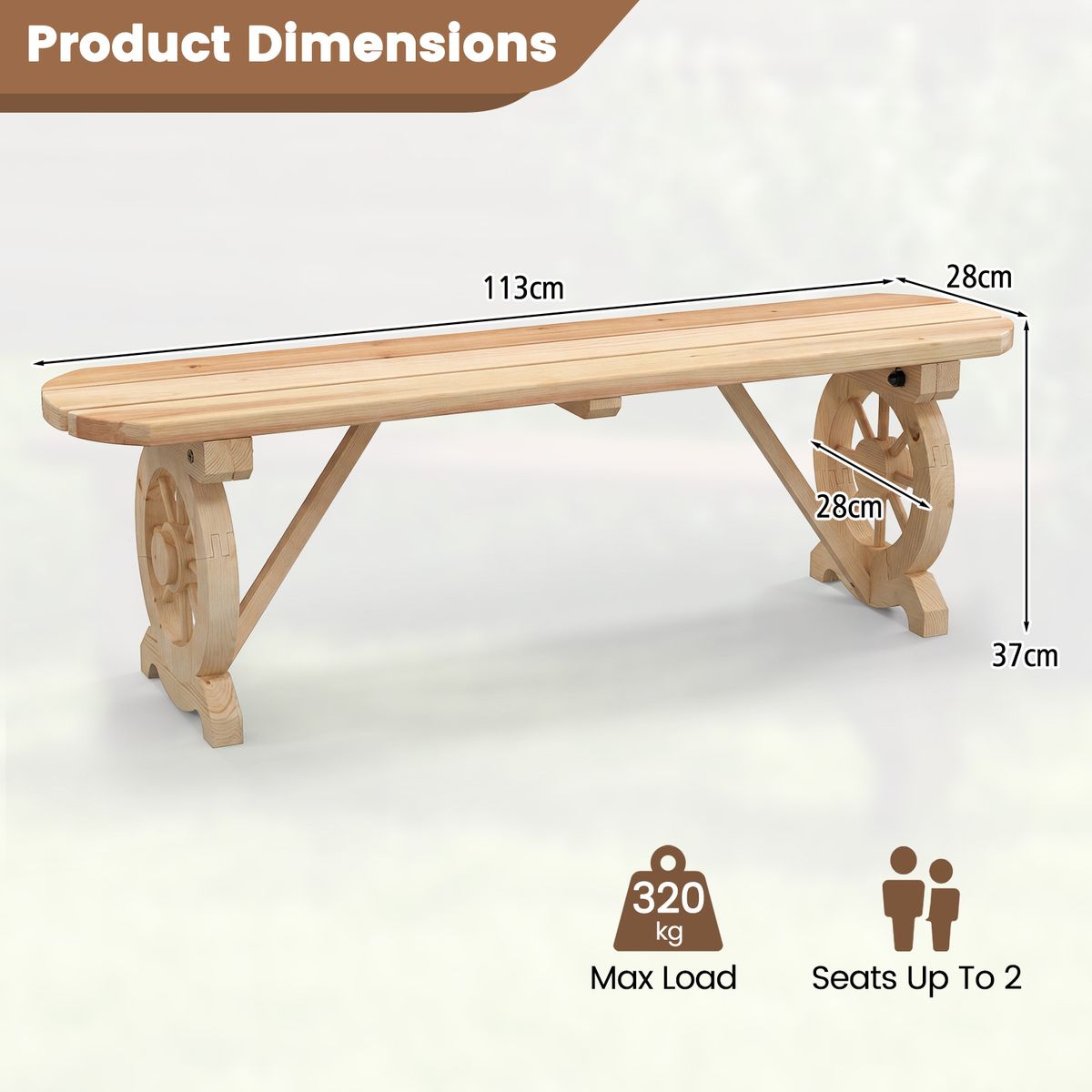 Banc de terrasse en bois Coast - pieds en forme de roue de charrette - pour deux personnes - couleur naturelle
