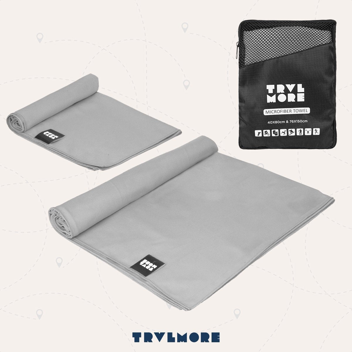 TRVLMORE Set de serviettes de voyage en microfibre - 2 pièces - Petit (40 x 80 cm) et Grand (76 x 150 cm) - Microfibre - Gris