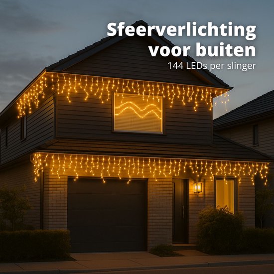 FlinQ 144 LED Warm White Icicle Lights - lumières de Noël - lumières de Noël extérieures - lumière blanche chaude - 14 mètres (4,2 mètres de lumières)