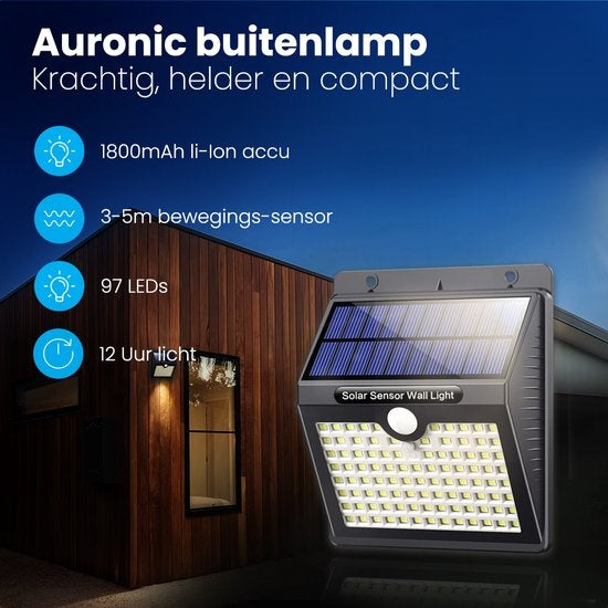 Auronic Lampe solaire d'extérieur avec détecteur de mouvement - Applique murale avec détecteur - Solaire - 97 LED - IP65 - 2 pièces - Noir
