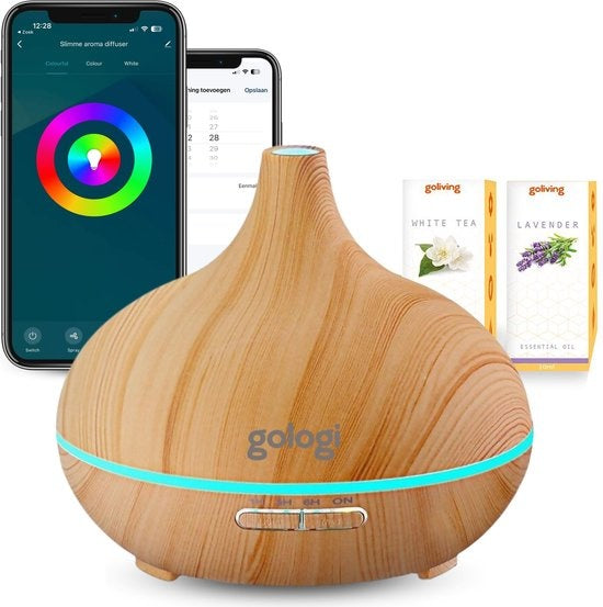 Gologi Smart Aroma Diffuser - 550ML - Humidificateur - Diffuseur de parfum - Eclairage LED - 2 huiles essentielles incluses - Marron clair