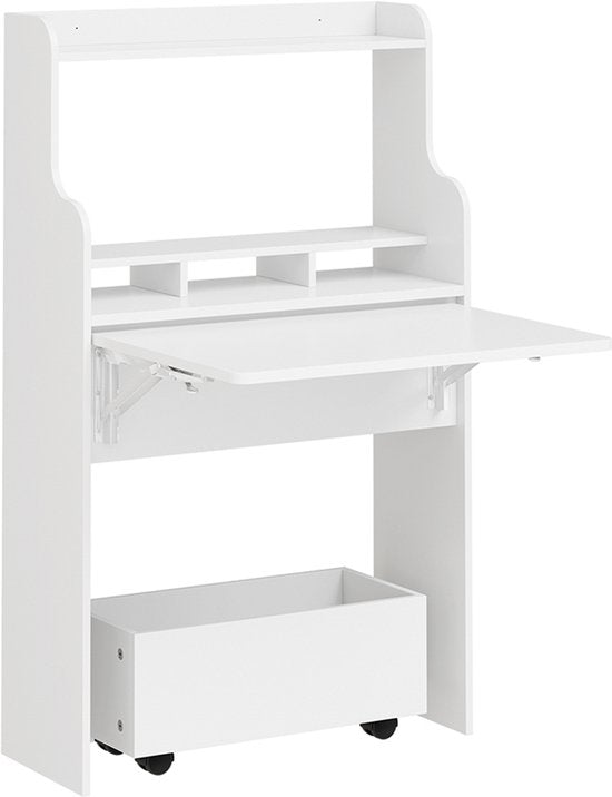 Table pliante murale SoBuy FWT105-II-W - Table pliante multifonctionnelle peu encombrante avec roulettes - Bureau pliant avec tiroir et étagères - Blanc