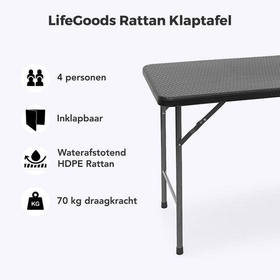 LifeGoods Table pliante - 120 cm - Table de camping - 4 personnes - Table pliante - Noir