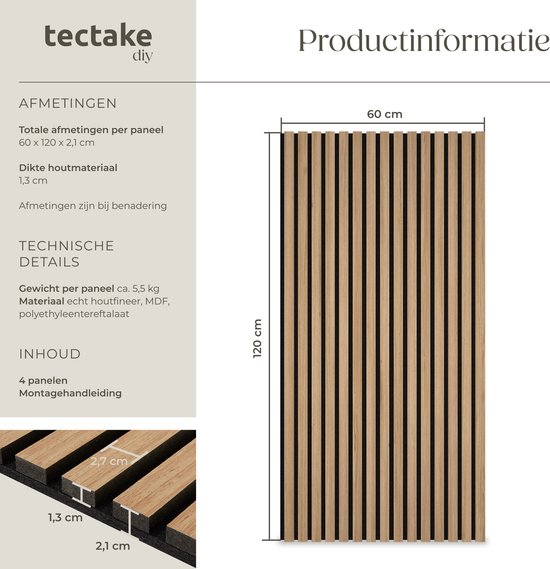 tectake® Jeu de 4 panneaux acoustiques Sonic Wall - Panneau absorbant le son - Isolation acoustique - Panneau mural acoustique - 120x60x2,1cm - Décoration murale acoustique - Chêne clair