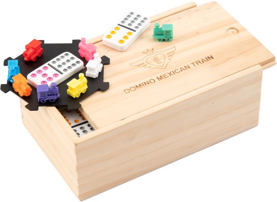 Domino Double 12 Mexican Train – 91 tuiles aux yeux colorés – Coffret en bois avec couvercle coulissant – Gare et trains inclus – Jeu de stratégie familial – Engelhart