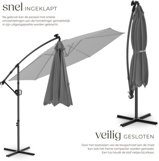 tectake® Parasol à pied flottant - 3 x 3 m - Parasol de jardin avec éclairage LED à énergie solaire - Orientable - Polyester imperméable avec protection UV - Housse incluse - Gris