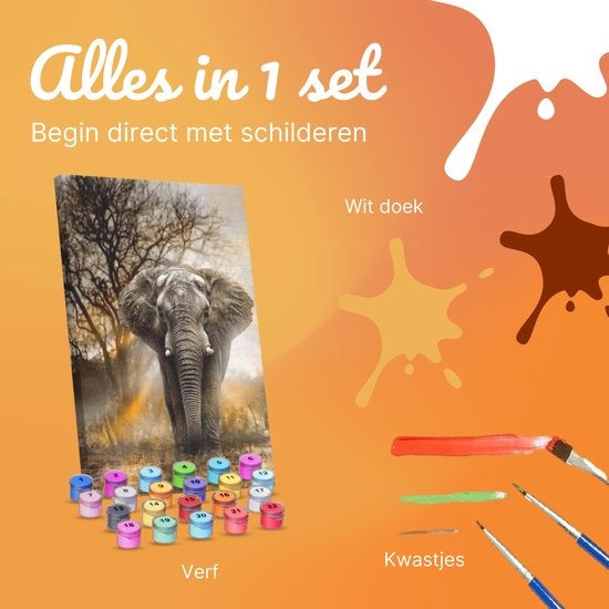 Rubye® Peinture par Numéros pour Adultes – Éléphant Puissant – Pinceaux Inclus – Toile de Peinture sur Toile – Coloriage par Numéro – 40x50cm